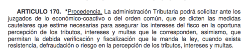 Fragmento del Artículo 170 del Código Tributario. 