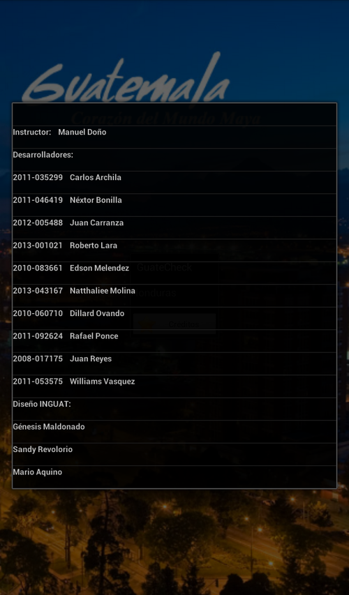 Estos son los nombres de los desarrolladores de la aplicación. 
