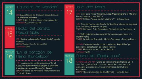 Esta es la agenda de actividades de la Semana de Francia. (Diseño: Alianza Francesa de Guatemala)  
