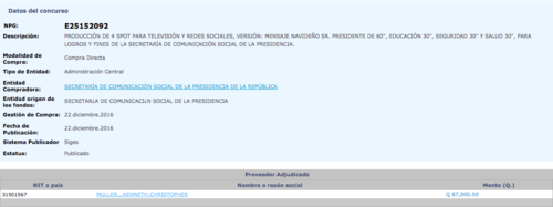 La contratación de la productora consta en el portal Guatecompras. (Foto: captura de pantalla/Guatecompras)