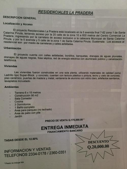 Información de venta de propiedades en "Residenciales La Pradera", ubicadas en El Cabray II. (Foto: Soy502)