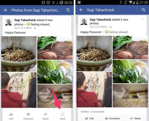 Las capturas publicadas por Geektime muestran una nueva versión de la aplicación oficial de Facebook para Android con una especial integración con WhatsApp.