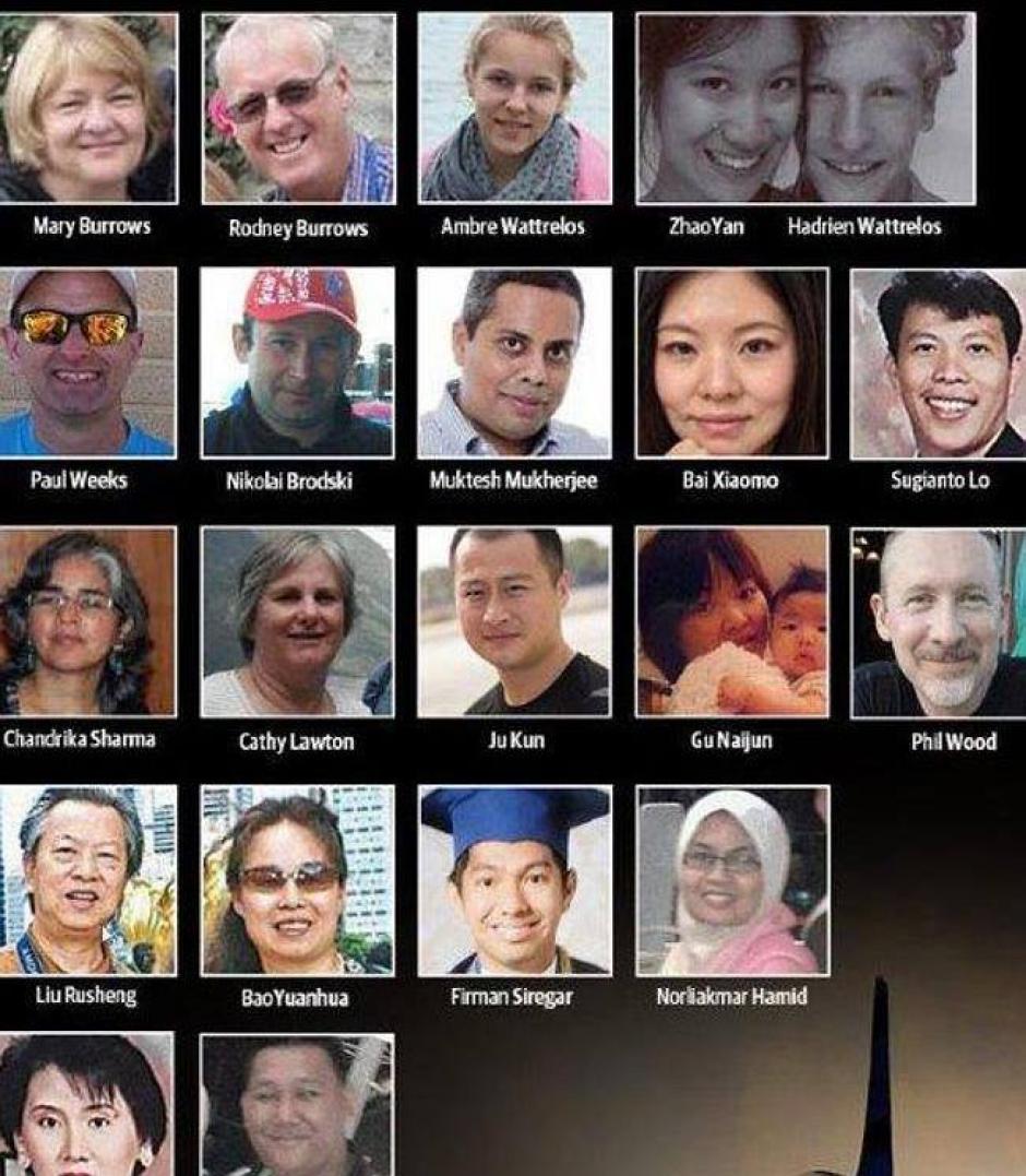 Ellos son algunos de los 230 pasajeros que viajaban en el boeing 777 de Malaysia Airlines, que desapareció desde el 8 de marzo y que finalmente las autoridades &nbsp;confirmaron hoy que cayó sobre el Océano Índico. (Foto: Prayforpassengers/Facebook)