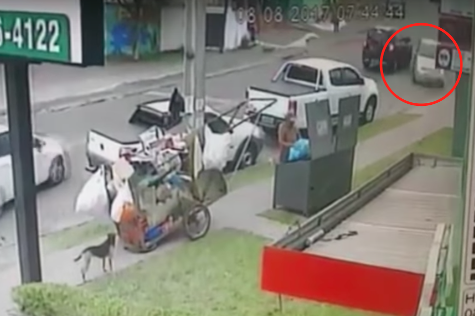 La mujer que conducía el vehículo perdió el control del mismo y casi atropella al hombre y a su perro. (Imagen: captura de pantalla)