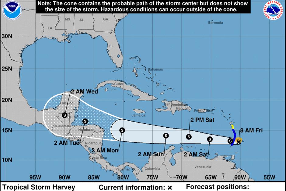 Esta es la trayectoria de la tormenta tropical Harvey, según informó la Conred. (Foto: NHC/NOAA)