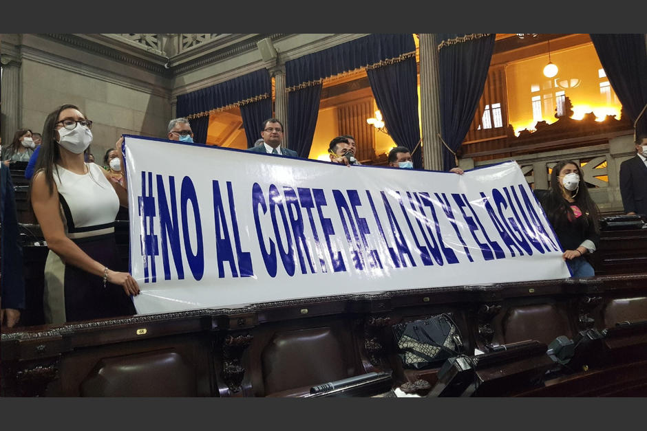 Diputados llevaron pancartas al Congreso en rechazo al veto presidencial a la ley que prohibía cortar los servicios básicos. (Foto: Cortesía)