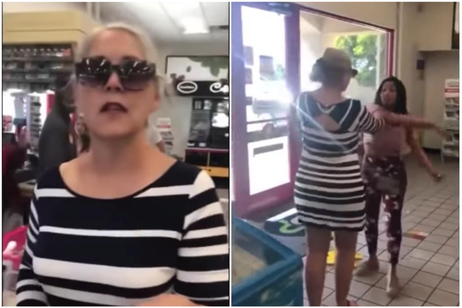La mujer salió de la tienda tras haber recibido el golpe en la cara. (Captura Video)