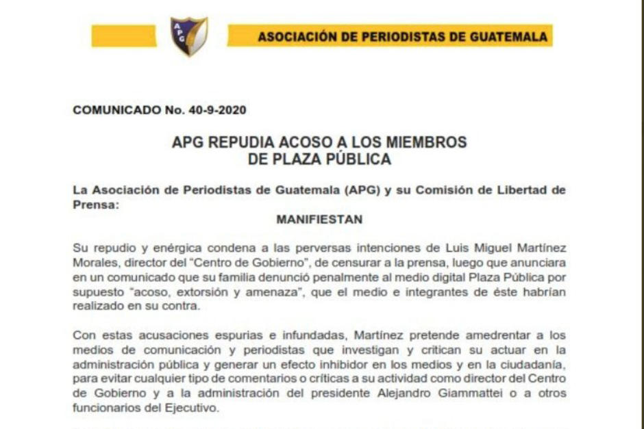 La Asociación de Periodistas de Guatemala repudia el acoso a los miembros de Plaza Pública. (Comunicado: AGP)
