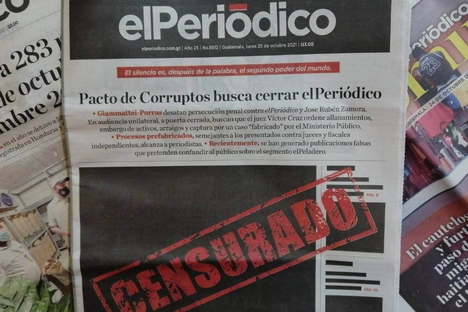 El diario matutino elPeriódico denunció en su portada que existe un intento de censura por parte del "Pacto de Corruptos". (Foto: Soy502)&nbsp;