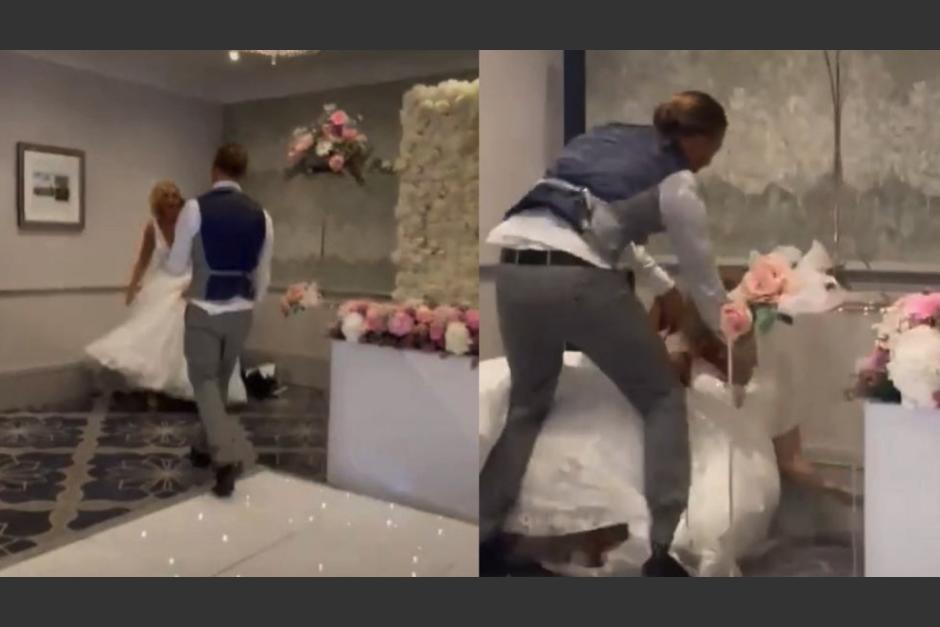 El novio lanzó con mucha fuerza una rebanada de pastel contra su esposa y el hecho causó polémica en redes sociales. (Foto: captura de pantalla)