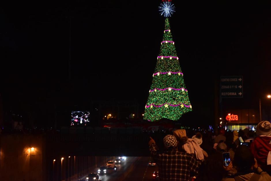 Iluminan el Árbol Gallo ubicado en la Plaza del Obelisco. (Foto: Fredy Hernández/Soy502)