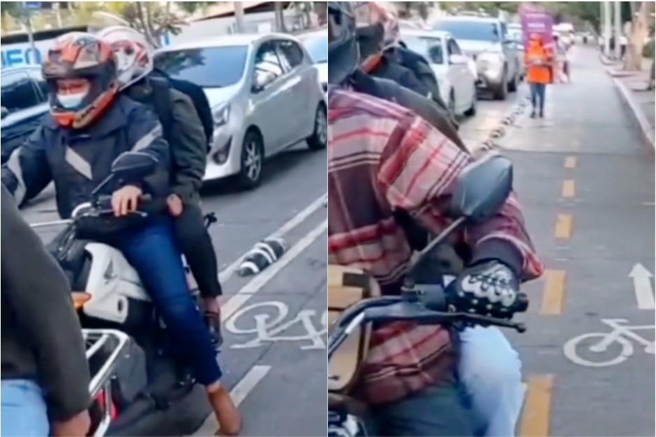 Los motoristas fueron sorprendidos por un agente de la PMT cuando se movilizaban en la vía exclusiva para ciclistas. (Captura Video)