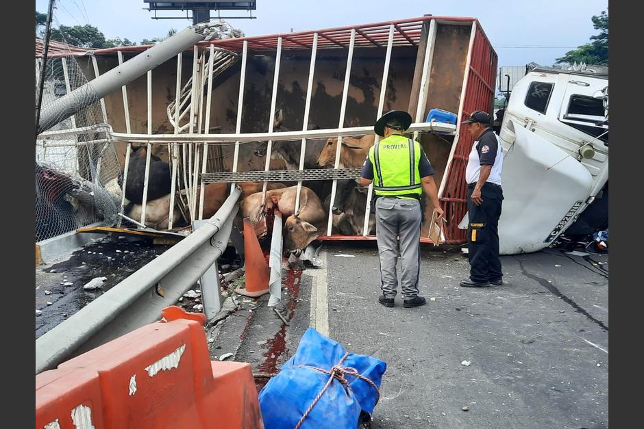 Un camión, un trailer y un carro particular protagonizaron un accidente en la autopista Palín-Escuintla. (Foto: Bomberos Voluntarios)