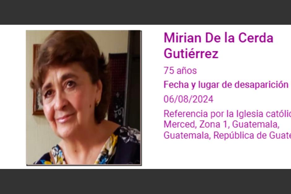 Mirian De La Cerda de 75 años desapareció el 06 de agosto. Autoridades la buscan. (Foto: captura de pantalla)