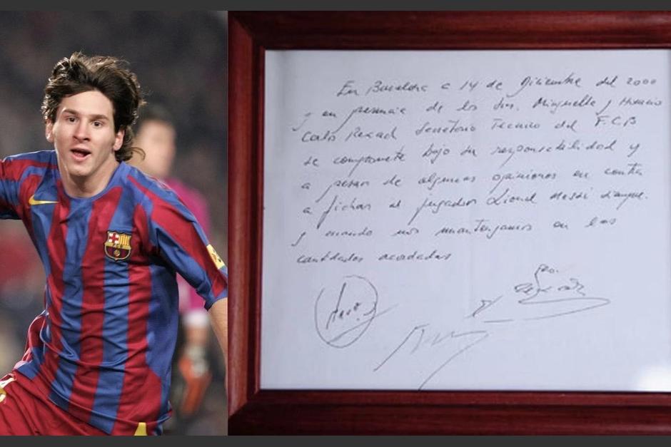 Leo Messi firmó con el FC Barcelona en una servilleta, en diciembre del 2000. (Foto: Olé)