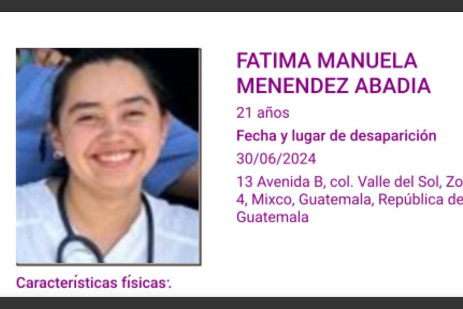 Piden ayuda para encontrar a Fátima Manuela, estudiante de medicina de la Usac, quien despareció en condominio en Mixco. (Foto: Isabel-Claudina)&nbsp;
