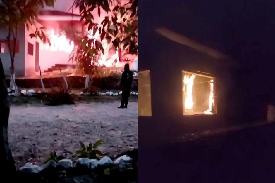 Vecinos inconformes quemaron la sede del Conap en Petén. (Foto: Captura de video)
