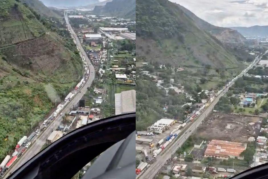 Largas colas en la ruta del Pacífico, luego del cierre de la Autopista Palín-Escuintla. (Foto: Captura de video)