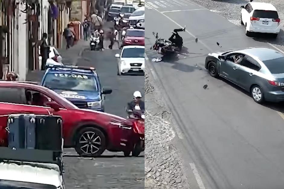 Cámaras de vigilancia de la PMT de Antigua Guatemala captó varios accidentes insólitos de motoristas y conductores. (Foto: Captura de pantalla/Soy502)&nbsp;