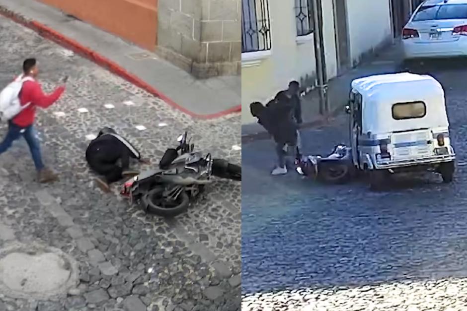 Varios videos mostraron accidentes de motoristas en Antigua Guatemala. (Foto: redes sociales)&nbsp;