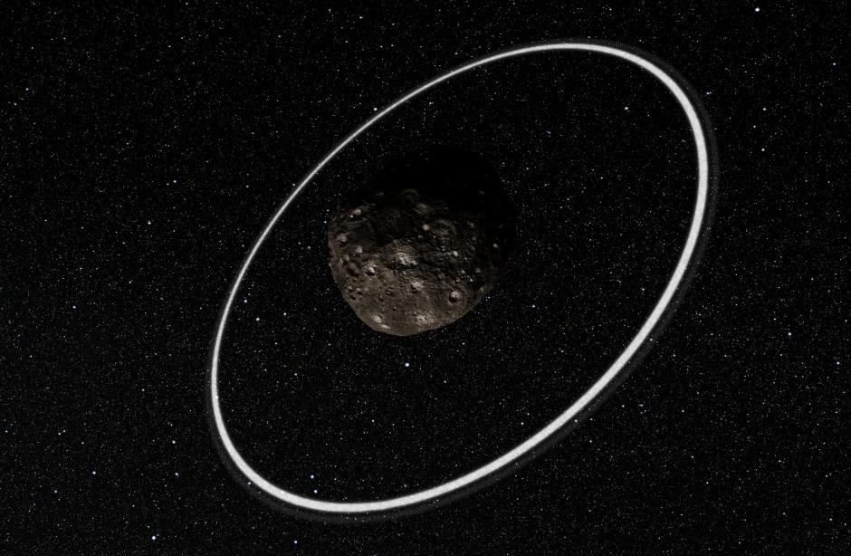 Esta imagen facilitada por Observatorio Europeo Austral (EOS en inglés) muestra una impresión artística de los anillos que rodean el asteroide Chariklo. (Foto: EFE)