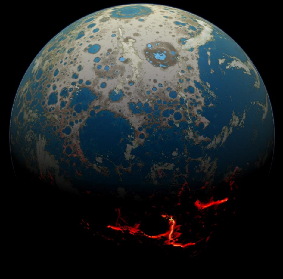 Fotografía facilitada por "Nature" del modelo creado por científicos en Estados Unidos que permite analizar las confusas condiciones de los primeros momentos de creación de la Tierra, en plena erupción volcánica y cuando era alcanzada por asteroides. (Foto: EFE)