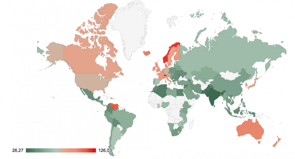 El sitio clasifica a las naciones de acuerdo al Índice de Precios al Consumidor. Los países más caros están en tonos rojos, mientras que los más baratos están en tonos verdes. (Foto: Numbeo/Soy502)