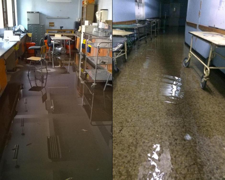 Las lluvias de este domingo por la tarde y noche provocaron que el área de patología del Hospital Roosevelt se inundaran. (Foto: Dulce María)&nbsp;