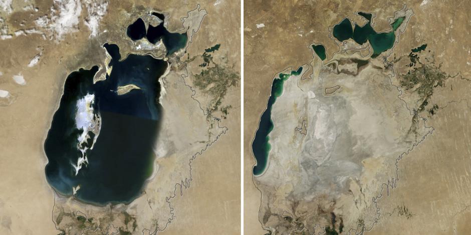 La imagen de la izquierda muestra al Mar Aral en el 2000 y la de la derecha en 2016. (Foto: huffingtonpost.es)