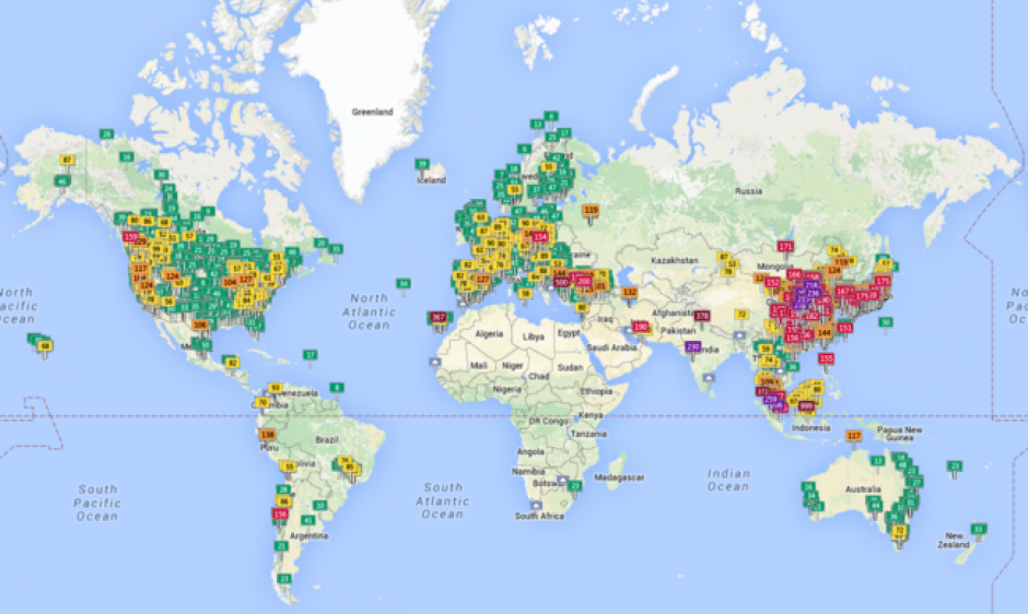 La contaminación del aire puede verse en tiempo real en un mapa elaborado por un grupo ambiental. (Imagen: waqi.info)