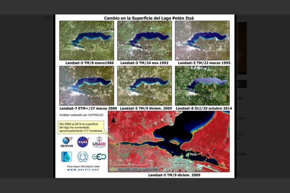 El mítico lago petenero ha sufrido cambios en los últimos años, de acuerdo con el reporte de la NASA. En la imagen se muestra cómo ha cambiado la superficie del lago entre 1986 y 2014.