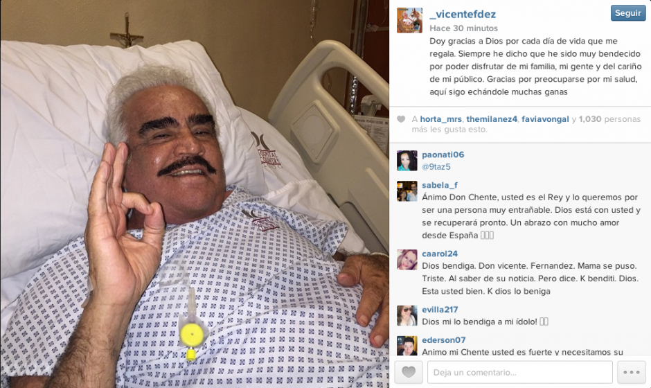 El cantante mexicano ha recibido muestras de cariño de sus seguidores que esperan verlo pronto fuera del hospital. (Foto: Instagram Vicente Fernández)