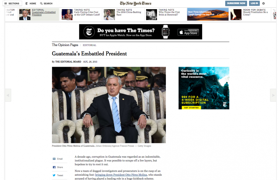 Este editorial del diario New York Times hace un repaso de lo que le espera a Otto Pérez.