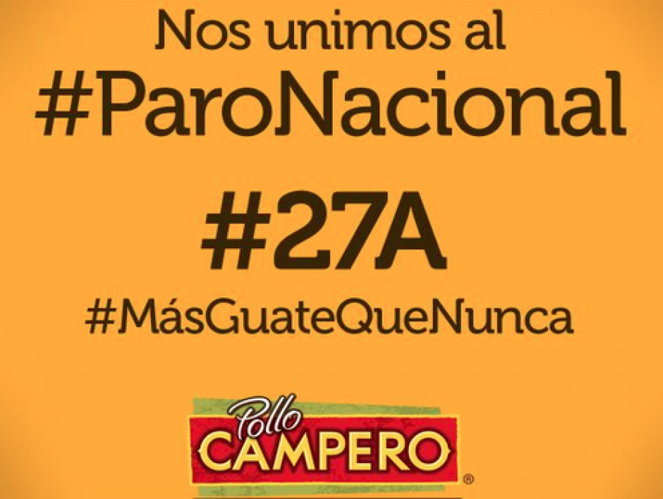 La empresa de comida rápida Pollo Campero se suma a otras compañías en el #ParoNacional por la renuncia de Otto Pérez Molina. &nbsp;(Foto: Twitter/PolloCamperoGT)&nbsp;