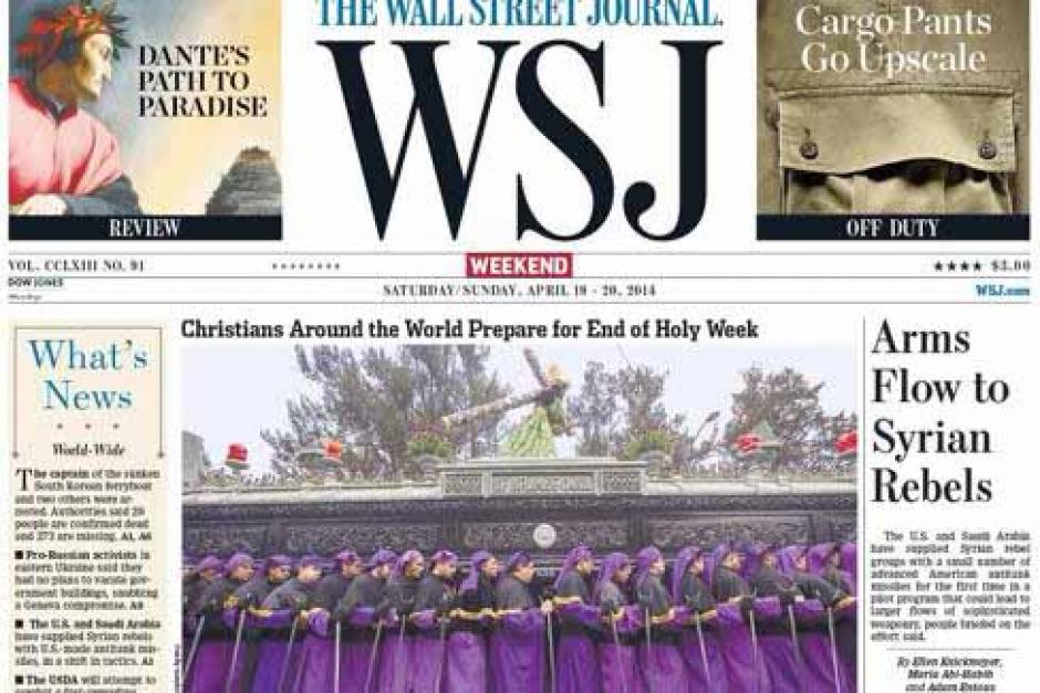 La portada del periódico Wall Street Journal destaca como foto principal a la procesión de la Merced del Viernes Santo. &nbsp;(Foto: Soy502)