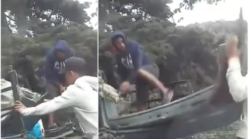 Video Denuncia: Hombres tiran chatarra en plena Interamericana